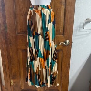 SHEIN Pleated Abstract Panel Maxi Skirt - Teal, Orange, Cream & Black